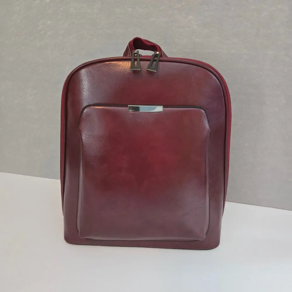 Backpack Mid-Size Burgundy Hard Shell Faux Leather Zipper Closure Adj Straps NEW